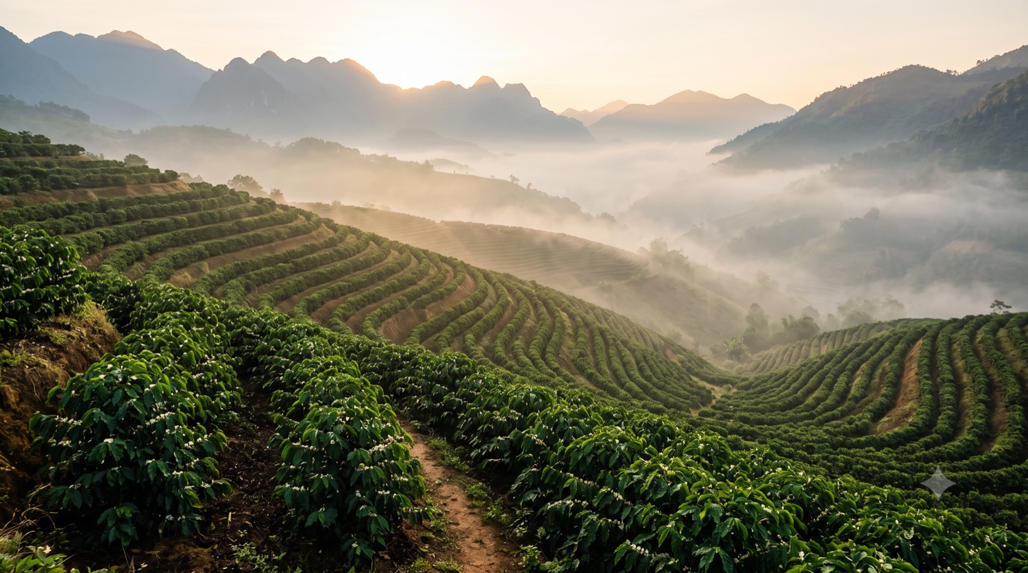 Đồi cà phê Arabica Catimor bậc thang ở vùng cao Khe Sanh trong sương sớm