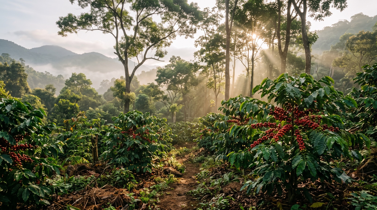 Vườn cà phê bốn tầng tán rừng ở Khe Sanh, quả chín đỏ dưới tán rừng
