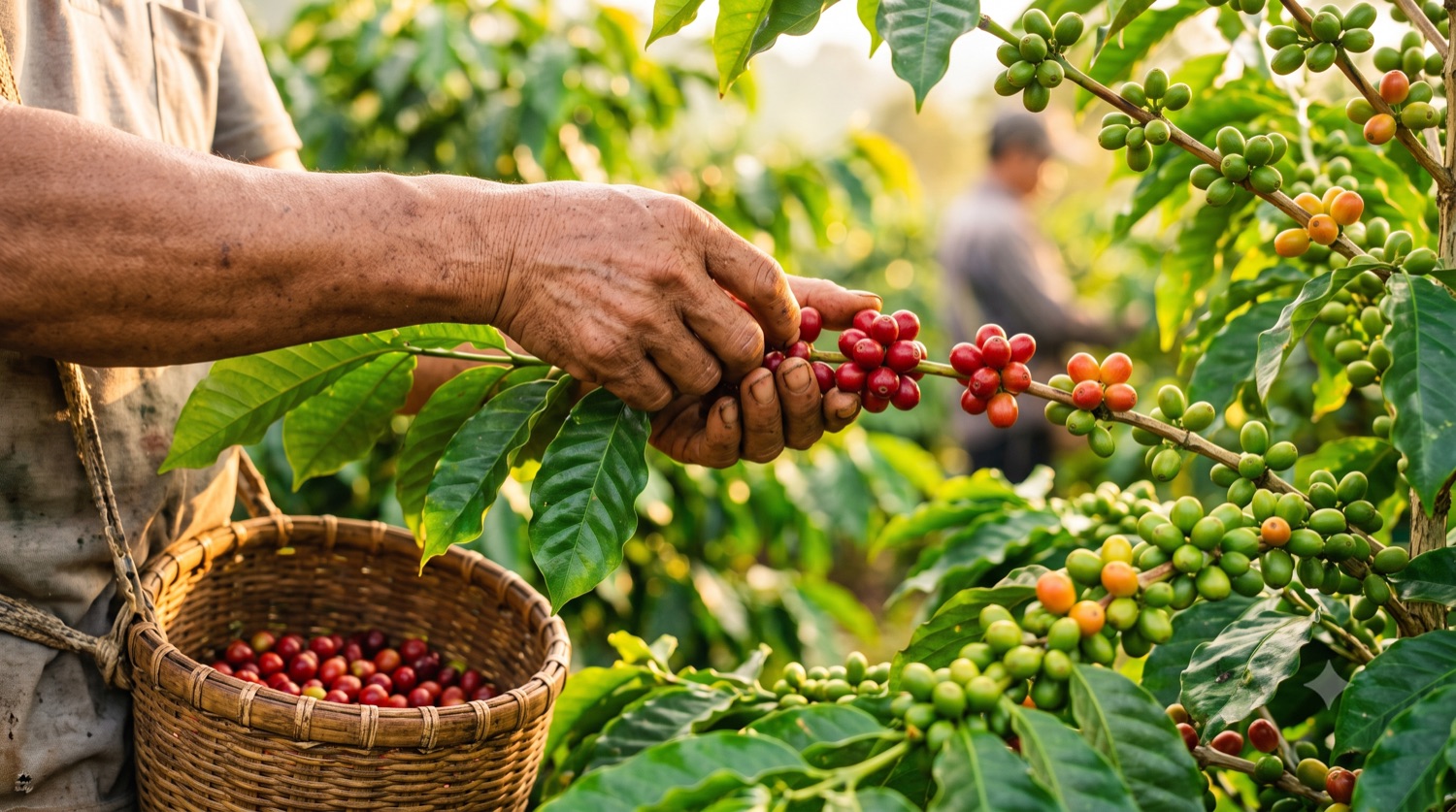 Bàn tay nông dân hái chọn lọc những quả cà phê chín đỏ trên cành