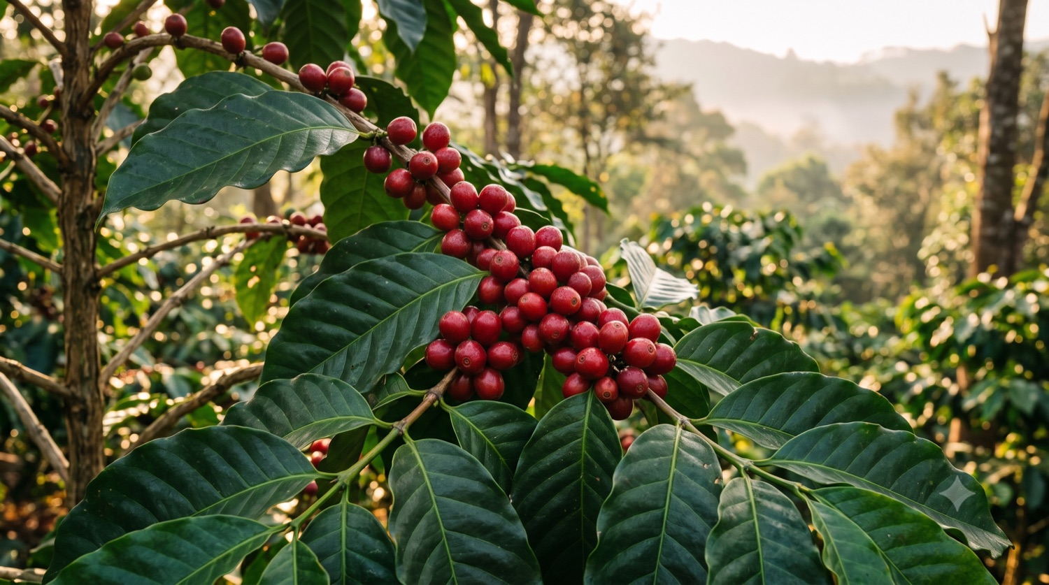 Cành cà phê Liberica Excelsa quả to chín đỏ trong vườn rừng vùng cao