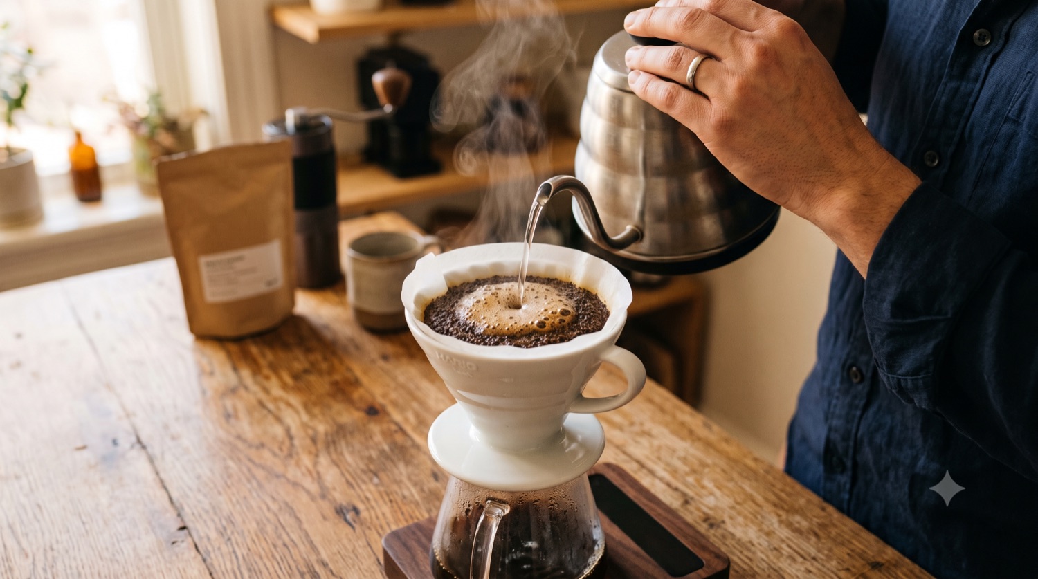 Rót nước lên cà phê xay trong phễu V60, lớp bọt bloom nở lên