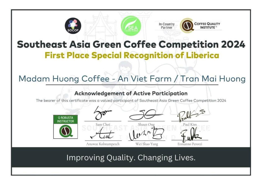 Hạng nhất Liberica tại Southeast Asia Green Coffee Competition 2024